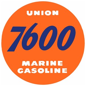 May include: A round orange sticker with the text "UNION 7600 MARINE GASOLINE" in white letters. The number 7600 is in a large, blue, stylized font.