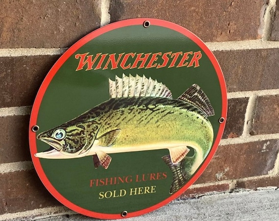 Heavy Steel Winchester Lures Fishing Vintage Style Metal Sign
