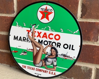Letrero metálico vintage de acero pesado con aceite marino de Texaco