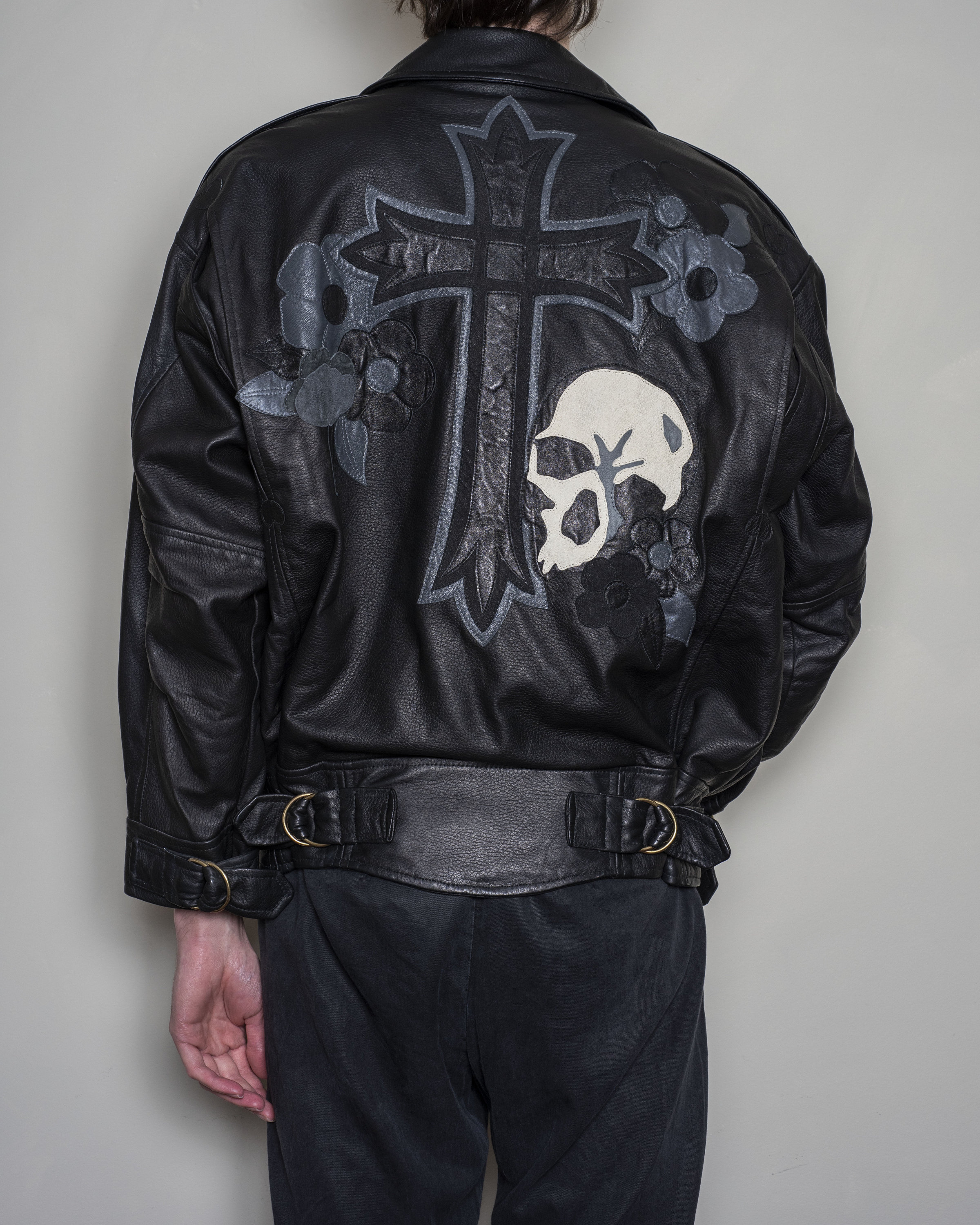 Retro Oversized Leather Motorbike Jacket Cross & Skull Size Medium