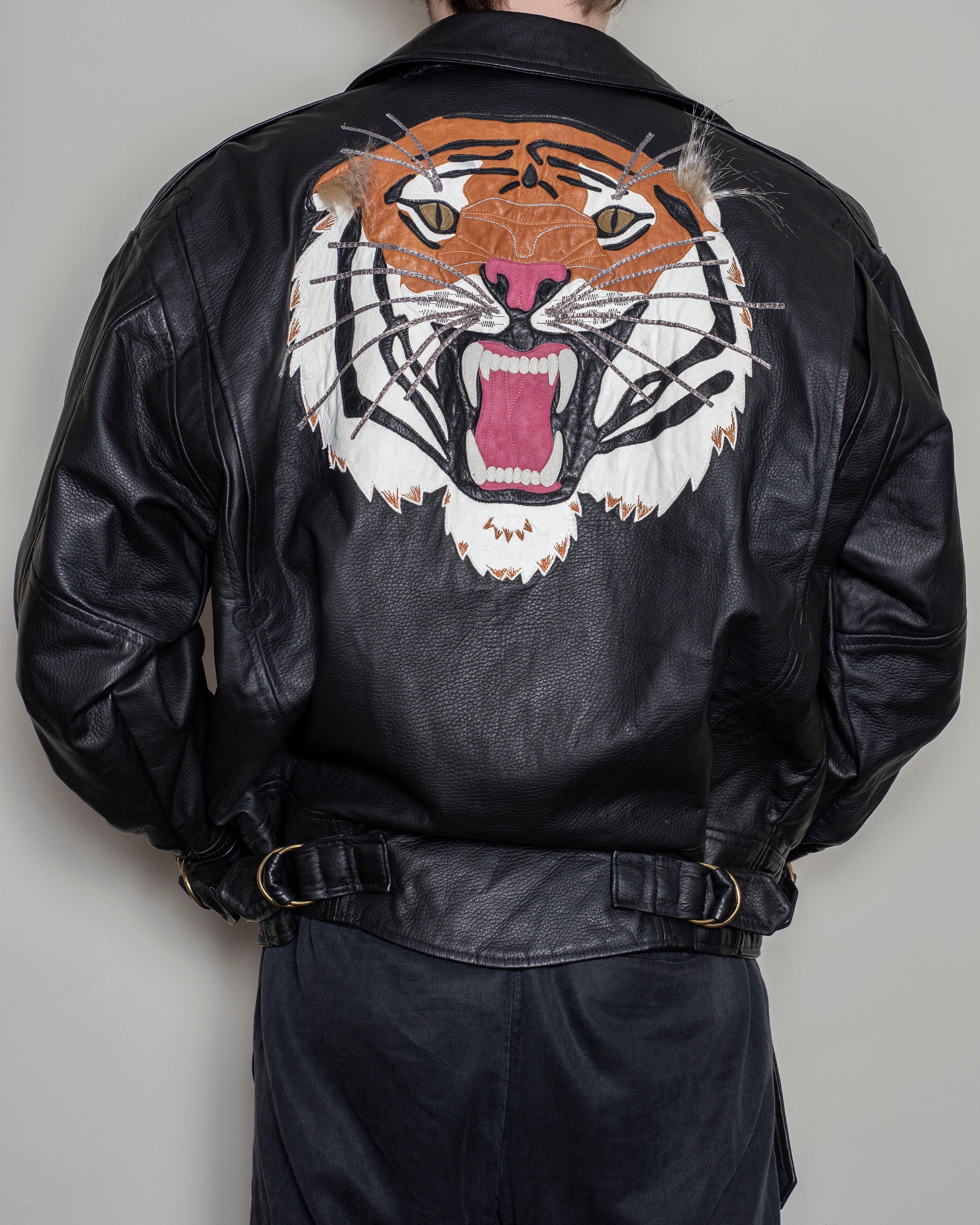 Retro Oversized Leather Motorbike Jacket Growling Tiger Size 