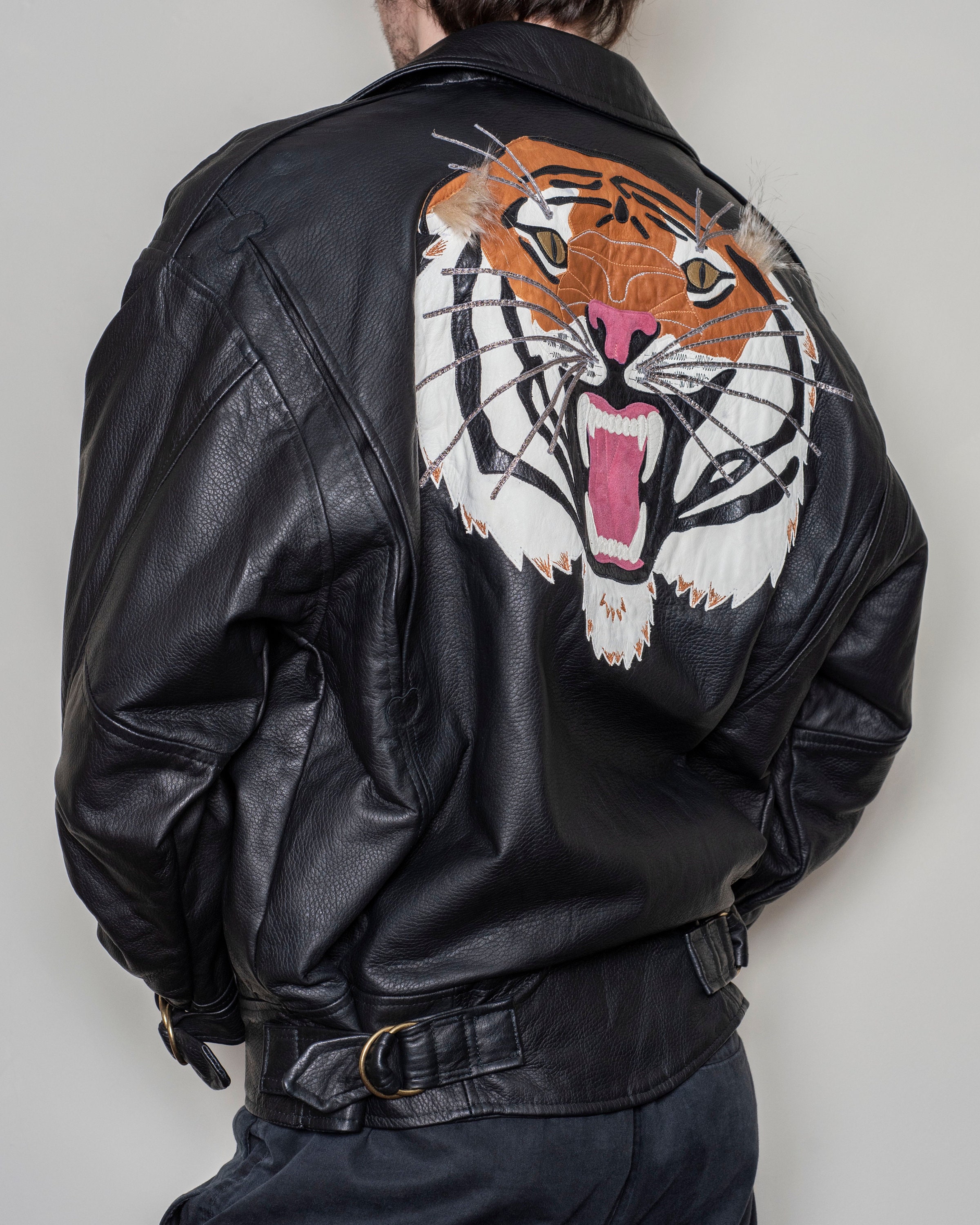 Retro Oversized Leather Motorbike Jacket Growling Tiger Size 