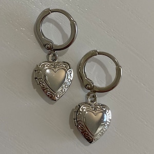 Silver heart locket earrings