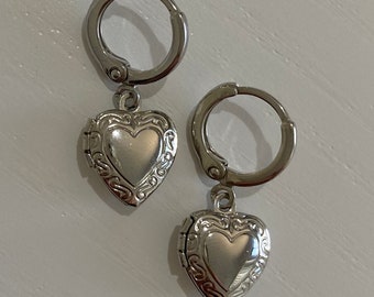 Silver heart locket earrings