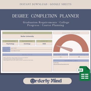May include: A printable degree completion planner template in a light brown and beige color scheme. The template includes sections for college, major/minor, class of, advisor, email, notes/to do, semesters completed, required credits, credits accounted for, important links, and an Excel spreadsheet icon. The text "Orderly Mind" is in a circle with a smiley face.