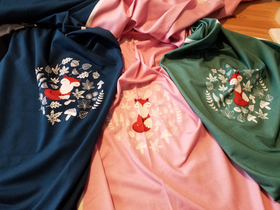 Fox Panel Navy Pink Green Cotton Elastane Fabric Jersey Etsy UK