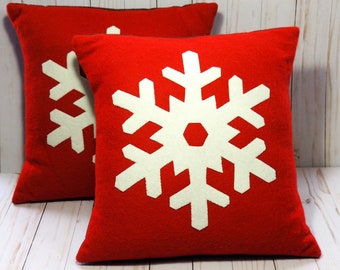 Red Snowflake Pillow Cover, Hygge Wool Felt Pillow, Christmas Throw Pillow Cover,  Winter Pillow, Scandinavian Decor,