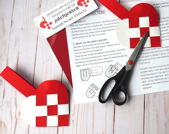 May include: A craft kit for making four Danish heart baskets, called "Julehjerter". The kit includes instructions, red and white paper strips, and a template for cutting out the heart shapes. The instructions show how to weave the strips together to create the baskets.