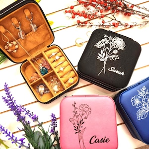Personalized Birth Flower Leather Jewelry Travel Case