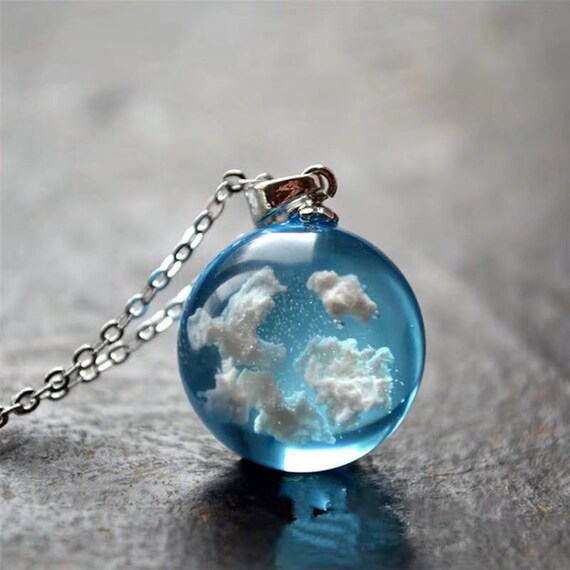 Blue Sky Cloud Resin Necklace, ResinPendant, sphere Pendant, Epoxy Resin Necklace ,white  Cloud Resin Handmade Glass jewelry, Valentines day