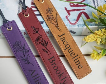 Personalized Leather Bookmark, Birth Month Flower Engraved Reader Gift