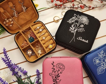 Caja de joyería de viaje personalizada, regalos de dama de honor, regalos del día de San Valentín para ella, caja de joyería grabada, organizador de joyas, regalos de cumpleaños para mujeres