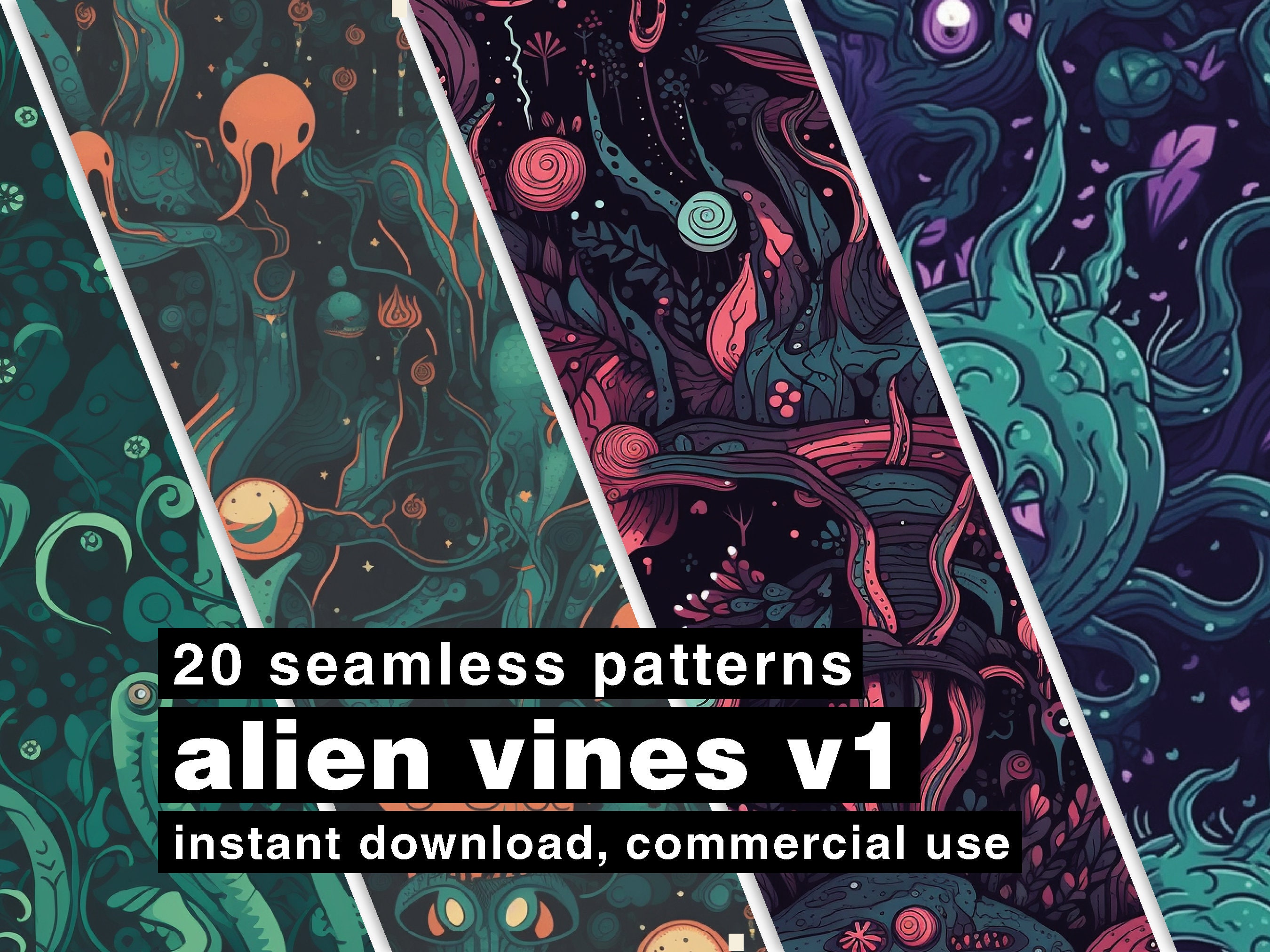 alien vines digital paper, 20 extraterrestrial flora seamless patterns, sci-fi instant download, et cartoon drawings, digital backgrounds