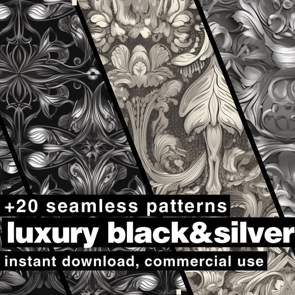 luxury silver and black digital papers, 20 platinum seamless patterns, instant download, fancy metal detailed ornaments, digital backgrounds