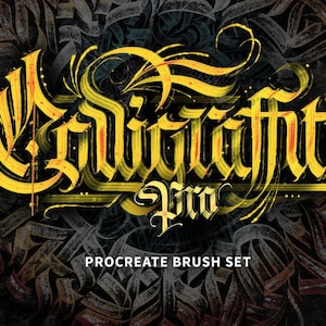 Può includere: Grafica di arte digitale con la parola "Calligraffiti" in calligrafia gialla. Sotto, la parola "Pro" è scritta in un carattere più piccolo. Il testo "PROCREATE BRUSH SET" è in basso, il tutto su uno sfondo scuro.