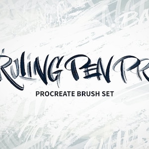 Puede incluir: Gráfico digital con las palabras "Ruling Pen Pro" en azul oscuro, con trazos de pincel. Debajo, el texto "Procreate Brush Set" se muestra. El fondo es un diseño texturizado en gris claro y blanco.