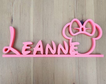 3d printed Disney style font with Minnie Mouse outline plastic name plate