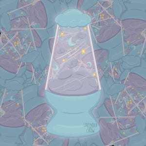 May include: A whimsical illustration of a lava lamp in shades of blue and purple, featuring a cloud, moon, and star motif. The lamp has a light blue base and a clear glass section filled with purple clouds, crescent moons, and yellow stars. The text "LAVENDER CROW" is visible.