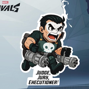 May include: A sticker featuring a cartoon character from Marvel Rivals. The character is shown with a white skull emblem on the chest, wielding a large machine gun. The text "JUDGE, JURY, EXECUTIONER!" is below the character.