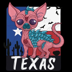 May include: A pink and blue cartoon chihuahua with a dragon-like tail and scales. The chihuahua is standing on a red, white, and blue background with the word "TEXAS" written below it.