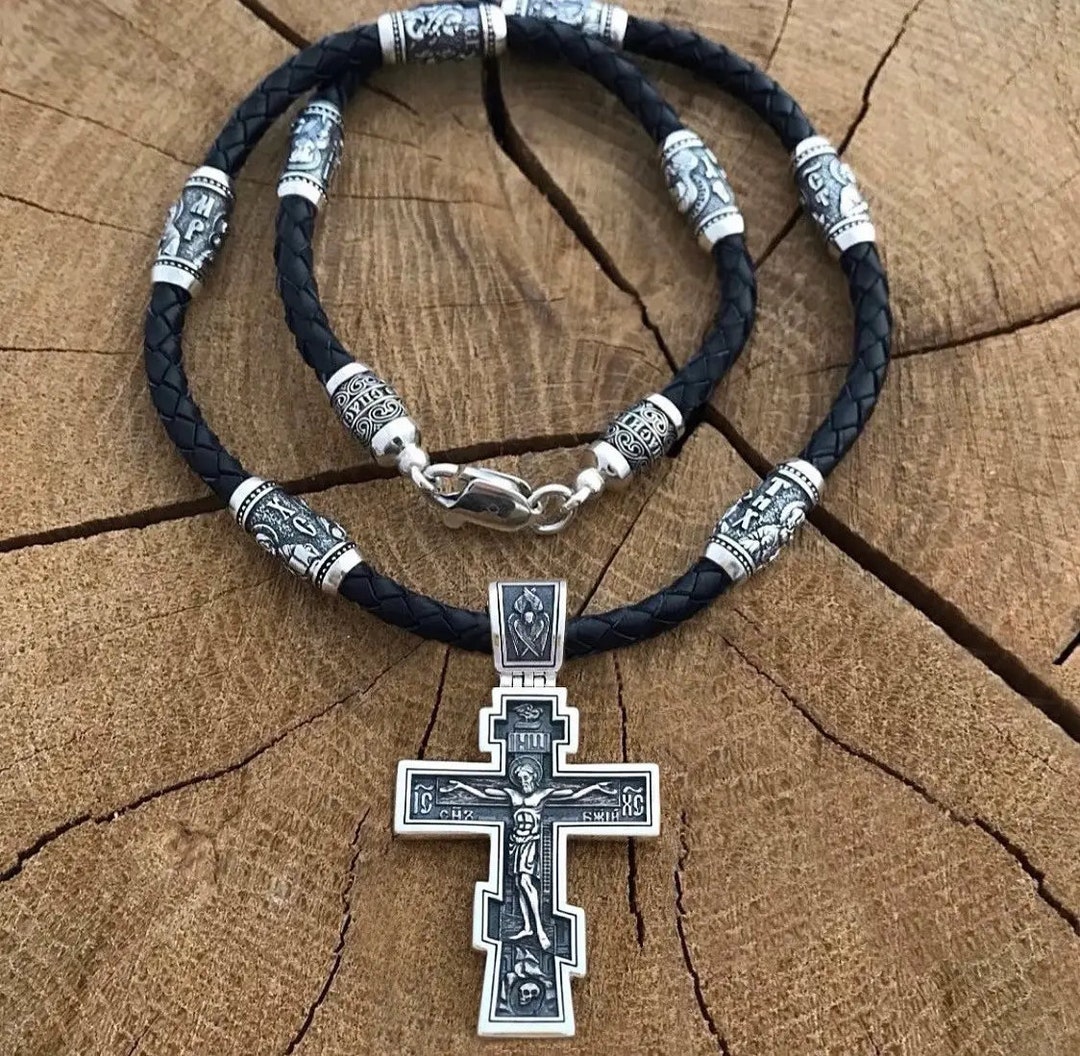 Men's Set Orthodox Cross on a Leather Cord With Blackened Sterling 925