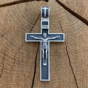 Blackened 925 sterling silver Orthodox cross pendant with Crucifixion of Christ (accessories, gifts)