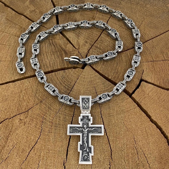 Silver 925 Orthodox Chain save and Save and a Double-sided Cross
