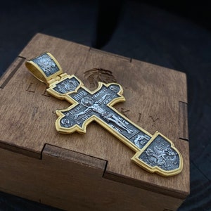 24K gold plated 925 silver Orthodox cross pendant with blackening (accessories, gifts)