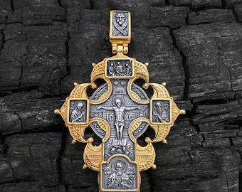 24K gilded 925 silver double-sided Orthodox cross The Crucifixion of Christ with those to come.