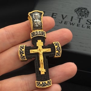 24K gold plated 925 silver Orthodox cross pendant with blackening (accessories, gifts)