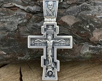Blackened 925 sterling silver Orthodox Cross Crucifixion of Christ Prayer &quot;May God rise again&quot; (accessories, men&#39;s gifts)