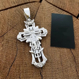 Men's 925 sterling silver Orthodox cross pendant with Crucifixion of Jesus Christ (accessories, gifts)
