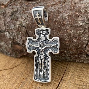 Handmade blackened 925 silver Orthodox cross pendant with Crucifixion of Christ (accessories, men&#39;s gifts)