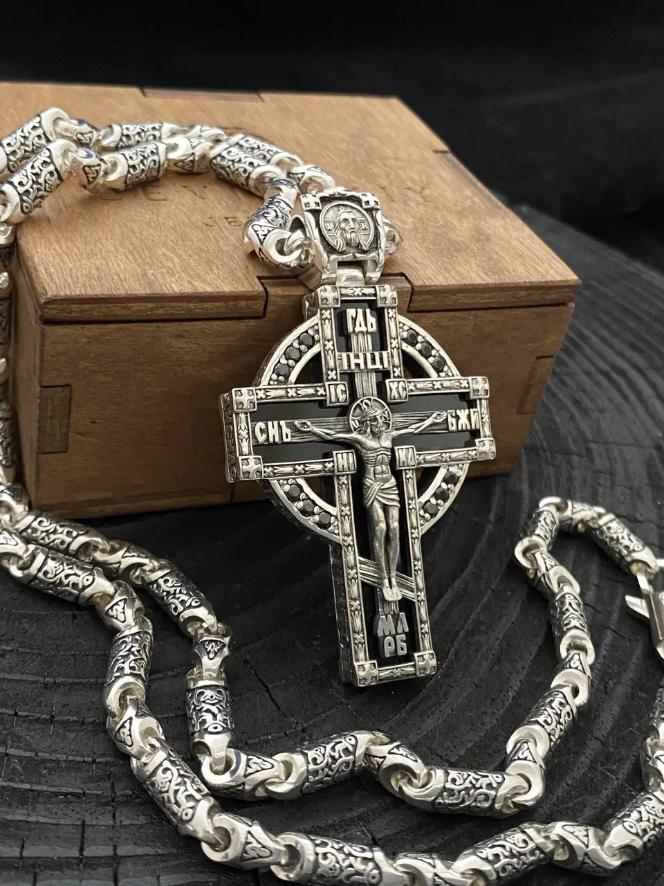Handmade 925 sterling silver chain and pendant Orthodox silver cross with onyx and black zirconium (accessories,gifts)