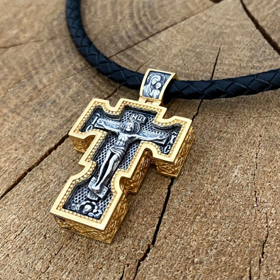 Christian Cross Collier Or sur Croix en Argent Sterling avec Émail Noir