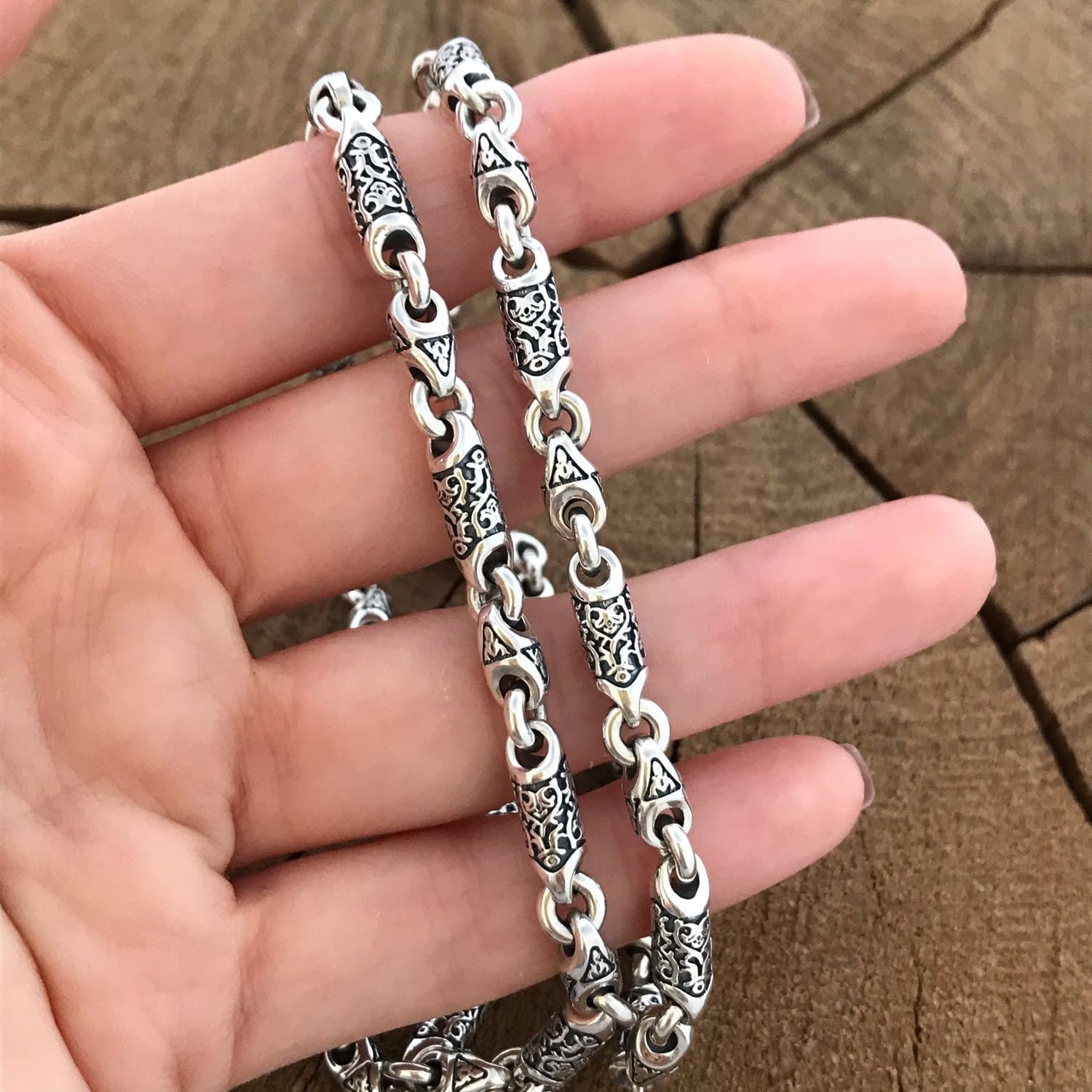 Silver Chain With a Pattern Silver Men s Chain Oxidized Byzantine Chain men Silver Chain Necklace Etsy UK
