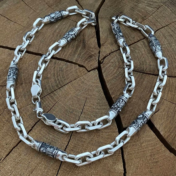 Silver Chain Anchor Chain With Inserts Depicting Faces of Silver Chain Anchor Chain With Inserts Depicting Faces of