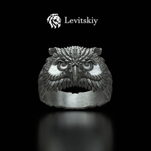 Solid Silver Owl Signet Man Ring, Large Owl Ring, Mens Owl Jewelry, Owl Head Ring, Owl Men Jewelry,  Chirstmas Gift Ring