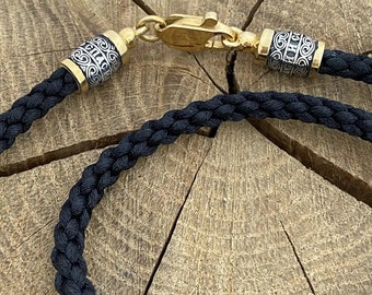 Silk cord with 24K gold plated 925 sterling silver inserts and carabiner lock (accessories,gifts)
