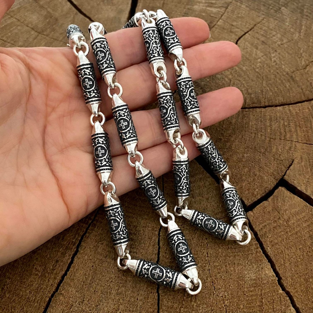 Silver Chain With Pattern Silver Men's Chain Oxidized Byzantine