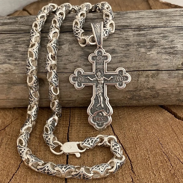 Handmade men's 925 sterling silver set anchor consisting of massive cast chain and an Orthodox cross with blackening (accessories, gifts)