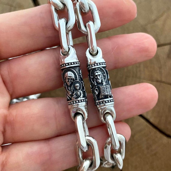Silver Chain Anchor Chain With Inserts Depicting Faces of Saints