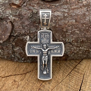 Classical blackened 925 sterling silver Orthodox cross pendant with Crucifixion of Christ (accessories,gifts)