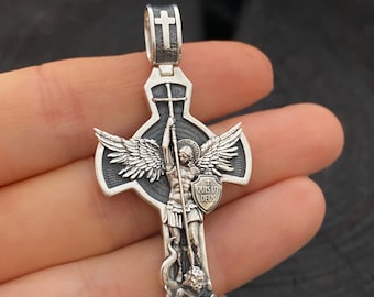 Personalized Archangel Saint Michael Cross Necklace Silver Archangel Shield Pendant SilverMen&#39;s Saint Michael Pendant Religious Gift for Men