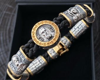 Sterling 925 Silber orthodoxes Herrenarmband mit 24 Karat vergoldet und Leder (religiöses Geschenk, Accessoires)