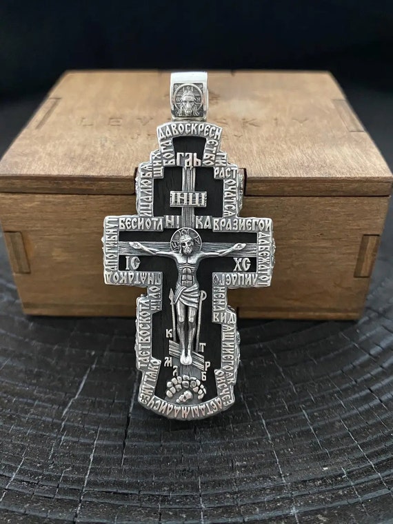 Handmade 925 Silver Cross With Ebony Wood Crucifixion of Christ