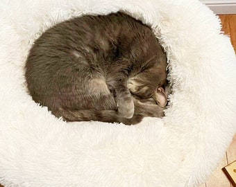 Small Dog & Cat Bed With Hood - Donut Calming Cave, Machine Washable, Anti-Slip Base