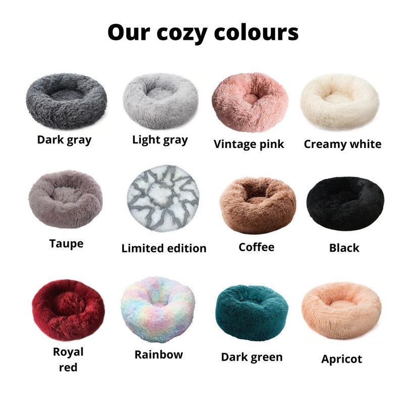 K&ouml;nnte beinhalten: Eine Sammlung von 12 runden Tierbetten in verschiedenen Farben, darunter Dunkelgrau, Hellgrau, Vintage-Rosa, Cremewei&szlig;, Taupe, limitierte Edition, Kaffee, Schwarz, K&ouml;nigsrot, Regenbogen, Dunkelgr&uuml;n und Aprikose. Die Betten sind aus weichem, flauschigem Material gefertigt und sollen Haustieren Komfort und Unterst&uuml;tzung bieten.