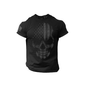 USA Skull Flag T Shirt American Patriotic Tee - Biker Gym 4th July Black