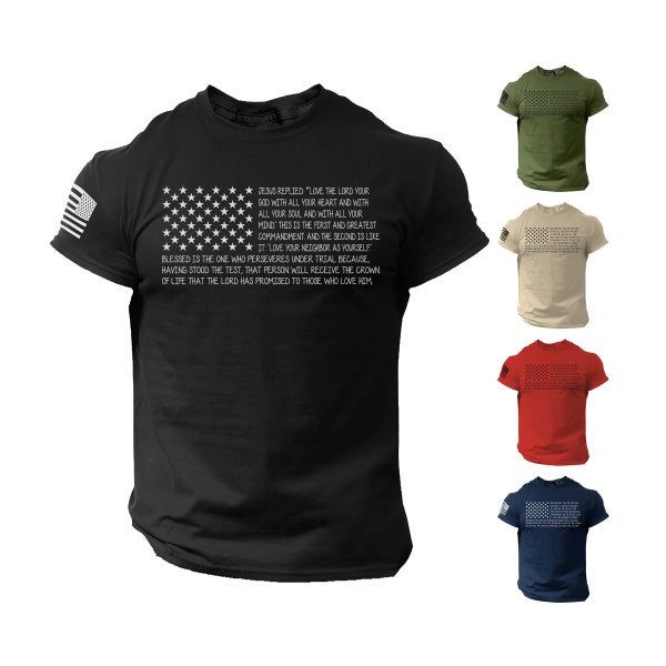 Bible T Shirt Men's USA Flag American Christian Bible Verse Gift Shirt | 100% Cotton